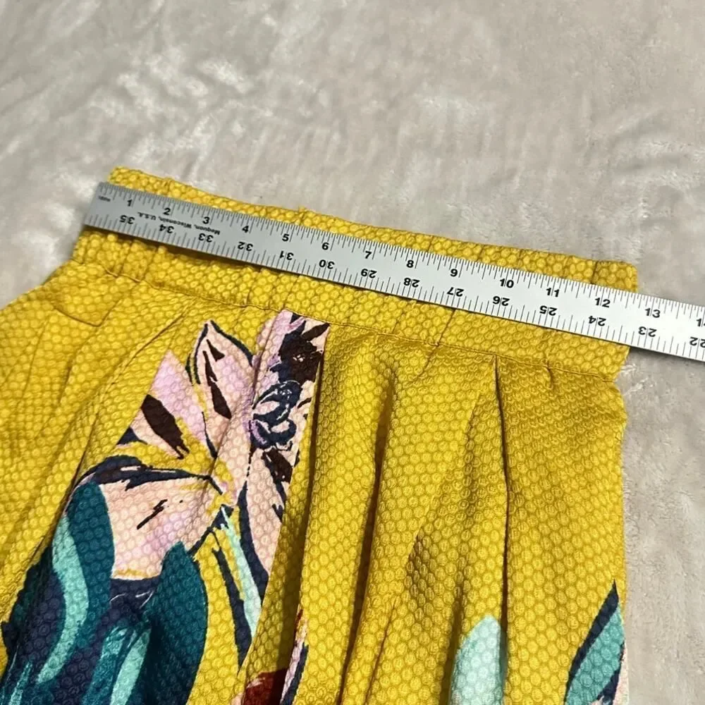 Anthropologie Maeve Tropicale Skirt Women's 2 Yellow Blue Floral Pleated Short